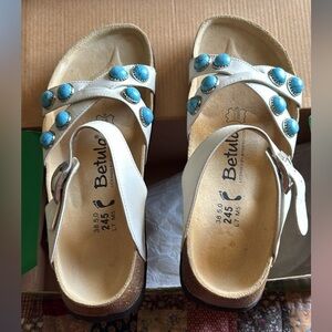 Betula White Leather Slide Sandals with Turquoise Accents